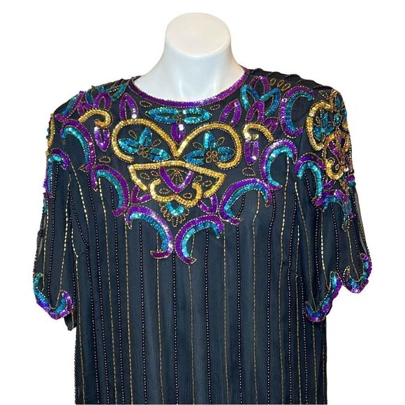 Vintage 80’s black silk sequin and bead evening blouse - Picture 4 of 16